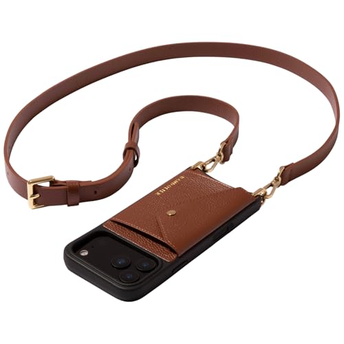 Bandolier Hailey Leather Crossbody Phone Case iPhone 15 Pro- Cognac | Crossbody leather phone case. Built-in wallet w/ snap-closure. Adjustable & removable leather strap. Phone drop protection. - color: Cognac/Gold, size: iPhone 15 Pro