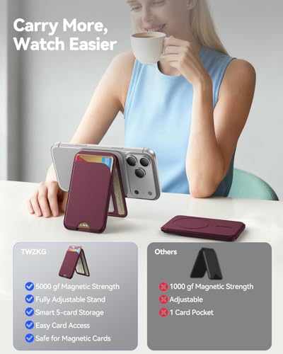 TWZKG for MagSafe Wallet, 5 Cards Holder with Stand, Magnetic Phone Wallet Stand for iPhone 17/16/15/14/13/12 Pro Max Air Plus Series, RFID Blocking Vegan Leather,Wine Red - color: Wine Red