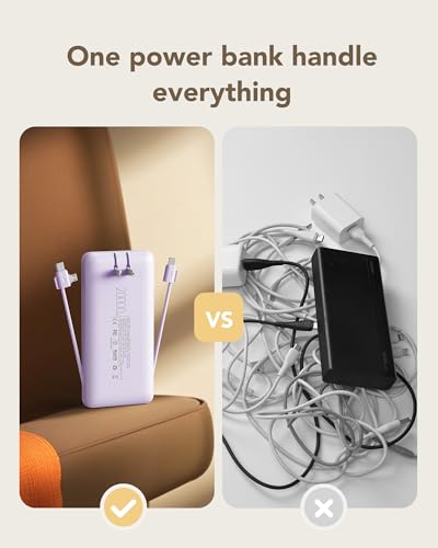 charmast 20000mAh Portable Charger with Built-in Cables and AC Wall Plug - color: purple