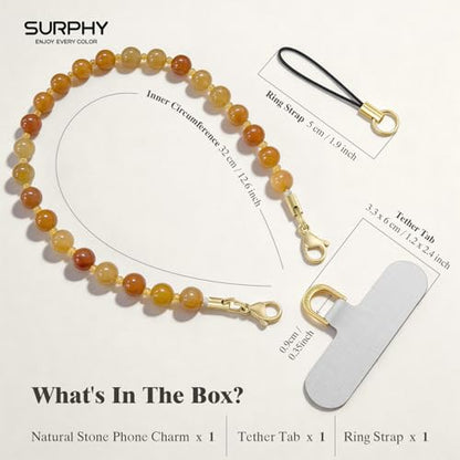 SURPHY Natural Stone Phone Charm, Beaded Phone Wrist Strap with Tether Tab - color: Aventurine Amber