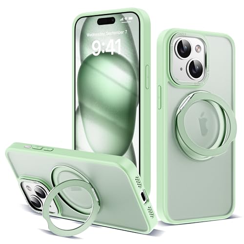 for iPhone 15 Case with 360° Spin Magnetic Stand,Green | iPhone 15 Phone Case 6.1",Spin Magnetic Ring Stand,Compatible with MagSafe,Military Protection,Translucent Matte - color: Green, size: iPhone 15