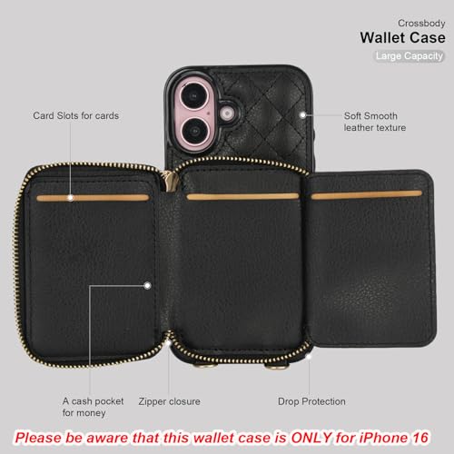 Bocasal Crossbody Wallet Case Card Holder for iPhone 16, Black | RFID Blocking PU Leather Zipper Handbag Purse, Kickstand Flip Folio Case with Card Slots Holder Wrist Strap Lanyard 6.1 Inch - color: Black