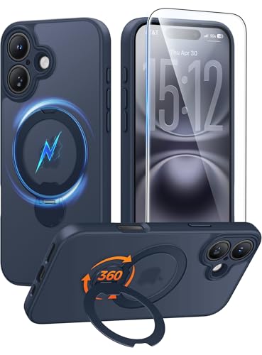 FNTCASE for iPhone 16 Case with 360 Spin Magnetic Stand Deep Blue | Compatible with Magsafe,Screen Protector,Full Camera Protection,Translucent Matte Military Grade Shockproof Phone Cover - color: Deep Blue, size: For Iphone 16 6.1 Inch