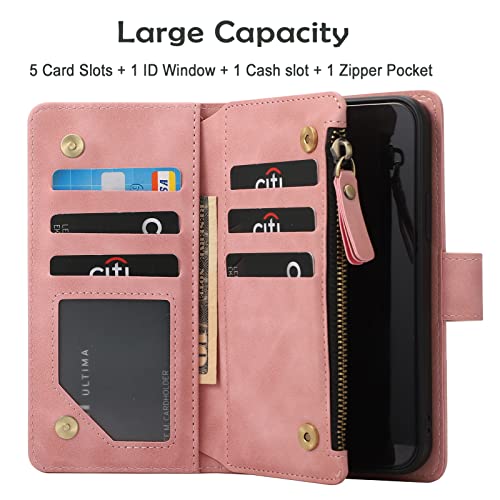 RANYOK Wallet Case Compatible with iPhone 13/14 (6.1 inch), Premium PU Leather Zipper Flip Folio Wallet RFID Blocking with Wrist Strap Magnetic Closure Built-in Kickstand Protective Case (Pink) - color: Pink