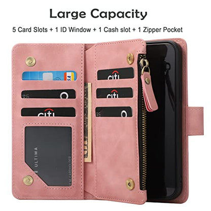 RANYOK Wallet Case Compatible with iPhone 13 Pro (6.1 inch), Premium PU Leather Zipper Flip Folio Wallet RFID Blocking with Wrist Strap Magnetic Closure Built-in Kickstand Protective Case (Pink) - color: Pink