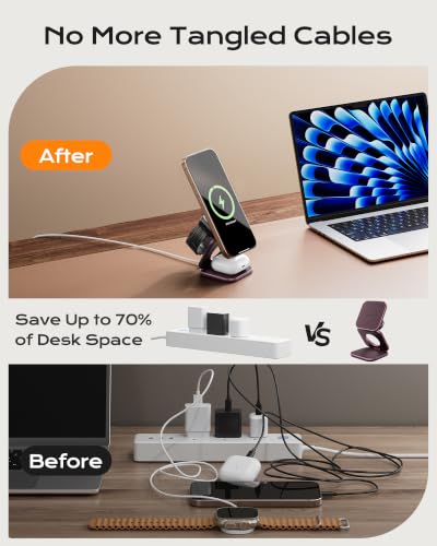 KU XIU Qi2.2 25W Magnetic Wireless Charger for iPhone 18 Pro Max, Foldable 3 in 1 Travel Charging Station for iPhone 18-12, 5W for Apple Watch & AirPods, Aluminum Alloy Design, 45W Adapter, Burgundy - color: Burgundy