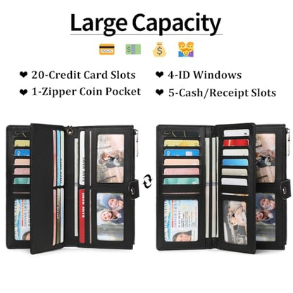 GAEKEAO Wallets for Women Leather RFID Blocking Large Capacity Card Case Ladies Wristlet Clutch Wallets Zipper Pocket with 4 ID Windows 20 Card Slots - color: Black