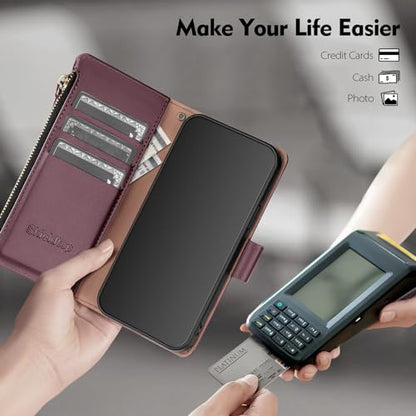 Shieldtop Compatible with Samsung Galaxy A37 5G Wallet Case with Card Holder,PU Leather Phone Case Flip Protective Cover Wrist Strap Zipper Credit Card Slots RFID Blocking Women Men,Wine Red - color: Wine Red