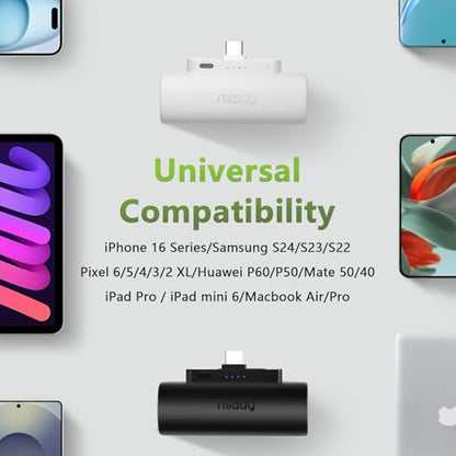 Miady 2-Pack Mini Portable Charger Built-in USB C Connector Small PowerBank | 5000mAh丨Lightweight丨for Backpack Travel丨Compatible with iPhone 17 Galaxy Android丨Ultra-Compact丨Flight-Safe丨18Wh丨Black+White - color: Black+White