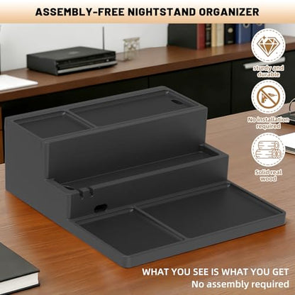 Valet Tray, Nightstand Organizer with Charging Station - color: Classic Black
