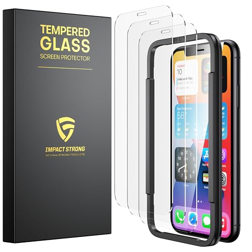 ImpactStrong Shatterproof Tempered Glass Screen Protector for iPhone 11 / iPhone XR [Easy Installation Frame] [Bubble Free] [9H Hardness] [Full Coverage] Case Friendly, 6.1 Inch - (3-Pack) - size: iPhone 11/XR