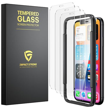 ImpactStrong Shatterproof Tempered Glass Screen Protector for iPhone 11 / iPhone XR [Easy Installation Frame] [Bubble Free] [9H Hardness] [Full Coverage] Case Friendly, 6.1 Inch - (3-Pack) - size: iPhone 11/XR