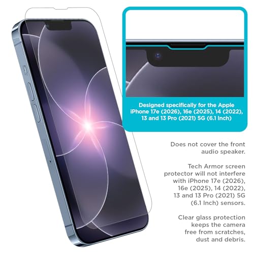 Tech Armor Screen Protector for iPhone 17e, 16e, 14, 13 Pro Glass, 3-Pack - size: iPhone 17e/16e/ 14 / 13 / 13 Pro-6.1 Inch