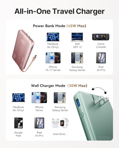 INIU 45W Fast Charging Portable Charger, 10000mAh with Built in Wall Plug | Slimmest, Built-in Wall Plug, USB-C Cable, GaN, Flight-Safe, 3 in 1 Power Bank for iPhone 17, Samsung, iPad etc, Green - color: Green