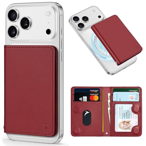 TUCCH for Magsafe Wallet, 6 Card Holders with RFID Blocking, Dark Red | for iPhone 17/17e/16/15/14/13/12 Pro/Pro Max/Plus, Clear ID Window, Magnetic Closure, PU Leather - color: Dark Red