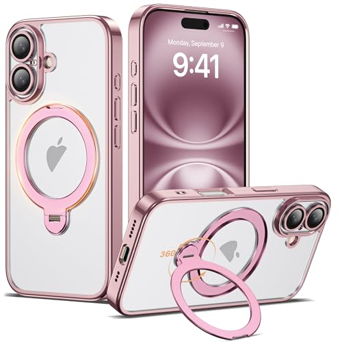 Compatible with iPhone 16 Case with 360° Spin Magnetic Ring Stand [Compatible with Mag-Safe] Full Camera Lens Protector Plating Clear Phone Case for iPhone 16 6.1", Pink - color: Pink, size: Iphone 16