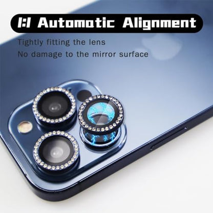 BONVAN for iPhone 15 Pro/Pro Max/14 Pro/ProMax Camera Lens Protector - Bling Glitter Diamond Metal Crystal Tempered Glass Screen Accessories Rhinestones Lens Cover (DK.Blue) - color: DK.Blue