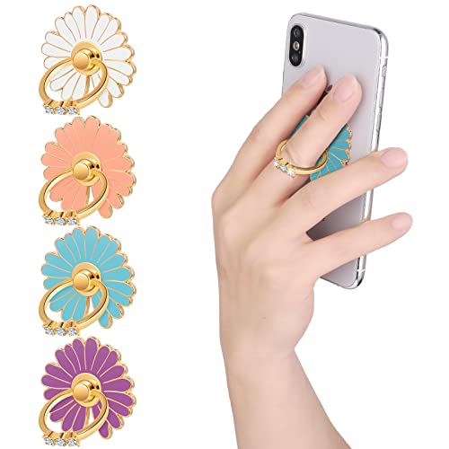 cobee Cell Phone Ring Holders, 4 Pcs Cute Daisy Finger Kickstands Metal Round 180°/360° Rotation Hand Grip with Knob Loop Phone Ring Grips Compatible with Most Smartphones, Tablets