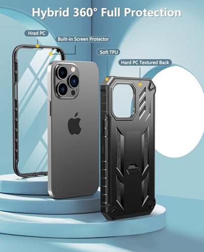FNTCASE for iPhone 14 Pro Max Case, Built-in Screen Protector, Kickstand | 20FT Military-Grade Drop Protection, Anti-Slip Matte Textured, Rugged Heavy Duty Shockproof TPU Protective Cover - color: Kickstand Black