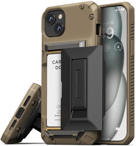 VRS DESIGN Damda Glide Hybrid Phone Case Designed for iPhone 15 Plus (2023), Functional Sturdy Wallet Card Holder Kickstand Case Compatible with iPhone 15 Plus (Khaki) - color: Khaki, size: iPhone 15 Plus