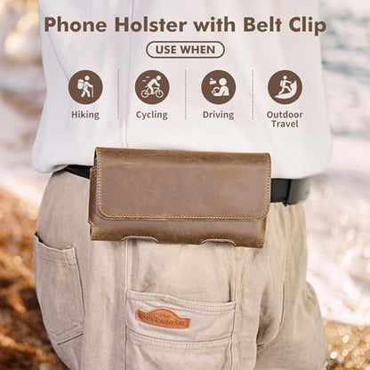 Gcepls Leather Phone Holster for iPhone 14,15,15 Pro,16,16 Pro,Galaxy S23,S24,Brown Cowhide Leather Phone Belt Holder Pouch with Belt Clip - color: Brown, size: Medium (6.3x3.35x0.7”)
