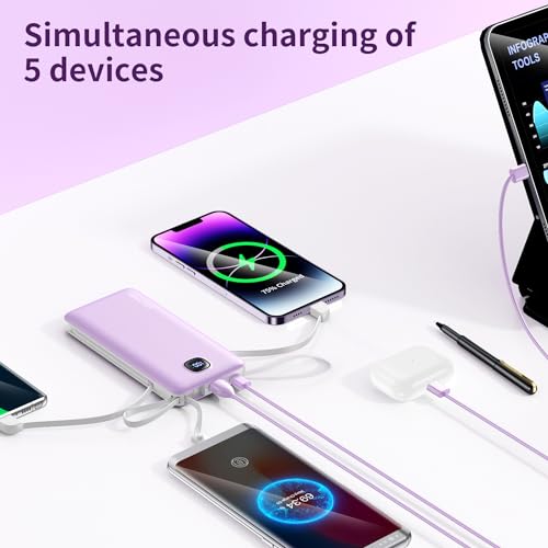 Portable Charger 10000mAh 22.5W Power Bank,Built-in 3 Cables & AC Wall Plug - color: Purple