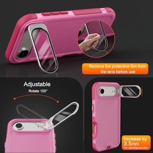 Follaroma Magnetic for iPhone 17 Air Case with Camera Stand, Pink，6.5" | Built-in Glass Camera Cover,Compatible with MagSafe,Heavy Duty Shockproof Protective,Military-Grade Anti-DropDual Layer Cover - color: Pink, size: iPhone 17 Air 6.5''
