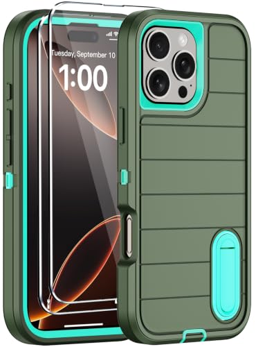 for iPhone 16 Pro Case with Screen Protector,Built-in Invisible Kickstand,Heavy Duty Shockproof Drop Protection Military Grade Tri-Layer Rugged Durable Cell Phone Cover for Apple 16 Pro 6.3"(Green) - color: Green