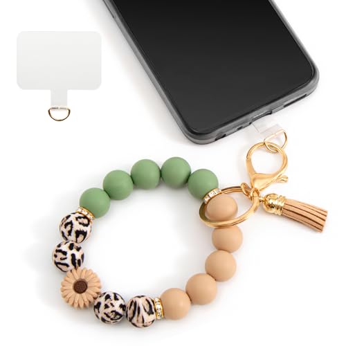Silicone Beaded Phone Wrist Strap, Phone Wristlet Strap with Tether Tab, Elastic Hands-Free Daisy Wristlet Bracelet(Leopard) - color: Daisy Leopard