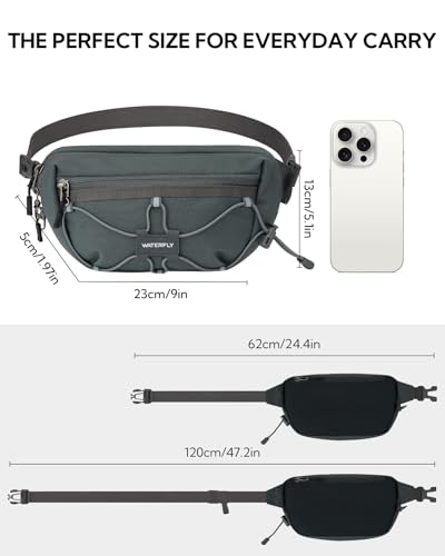 WATERFLY Small Fanny Pack RFID Blocking Travel Hiking Crossbody Waist Bag | Anti-theft design, Water resistant, Lockable zipper, Hidden rear pocket, Lightweight hip belt bag, EDC Running, Cycling, Gym - color: Gray