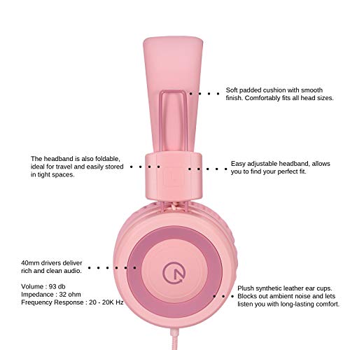 noot products K11 Kids Headphones Wired 3.5mm Jack Tangle-Free Soft Pink - color: Soft Pink