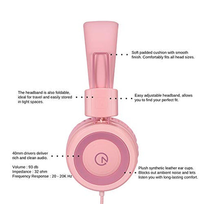 noot products K11 Kids Headphones Wired 3.5mm Jack Tangle-Free Soft Pink - color: Soft Pink