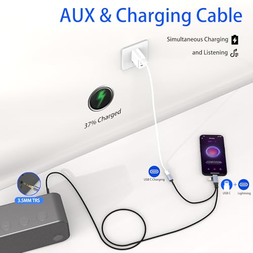 AUX Audio and USB C Charge Cable, 3.5mm Aux Audio Auxiliary Cord with 30W USB-C Charge Port, 2 in 1Aux Cable Charger for iPhone, Car Stereo, Speaker, Headphones