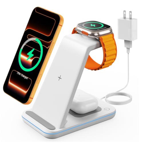 GEEKERA 3 in 1 Wireless Charging Station for Apple, Fast Wireless Charger Stand Dock for iPhone 17 16 15 14 13 12 11 Pro Max Plus XR XS X, Apple Watch Ultra/11/10/9/SE/8/7/6/5/4/3/2, AirPods Pro/4/3/2 - color: White