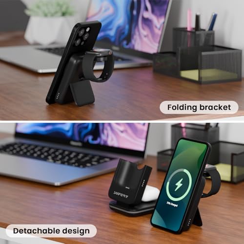 SUPERV 4 in 1 Wireless Charging Station: 5000mAh Removable Power Bank Foldable Charging Stand - Portable Magnetic Battery Pack for iPhone 17/16/15/14/13/12 Series and Apple Watch/AirPods (Black) - color: 4-in-1 Black