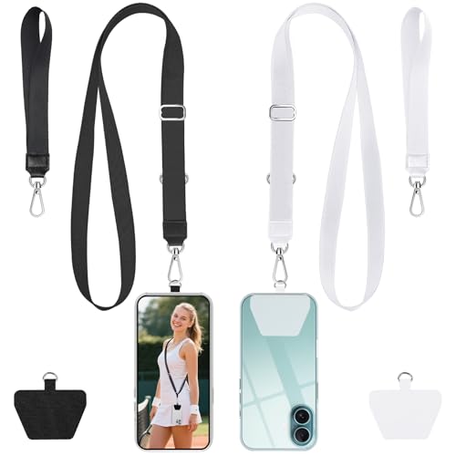 takyu Phone Lanyard, 2 Pack Adjustable Crossbody Neck/Wrist Strap with 2 Pcs Tether Pads, Secure Hands-Free Compatible for iPhone Samsung Perfect for Nurses, Teachers, Travel, Hiking Black+White - color: Black + White