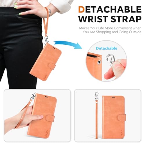 TUCCH Detachable 2-in-1 Case Wallet for iPhone 17e & 16e 6.1", Peachy Pink | 4 Card Slots, RFID Blocking, Wireless Charging, Viewing Stand, Wrist Strap, PU Leather, Shockproof TPU, Magnetic, Flip Cover - color: Textured Peachy Pink
