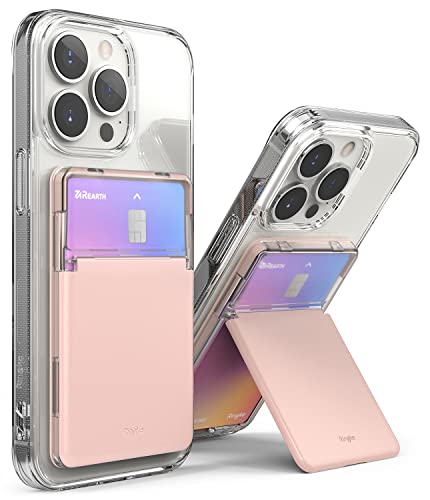 Ringke Stand Slot Card Holder [Phone Wallet Stick on + Stand] ID & Credit Card Holder for Phone Case, Solid Card Wallet with Phone Kickstand Compatible with iPhone Galaxy Android - Clear & Peach Pink - color: Clear & Peach Pink