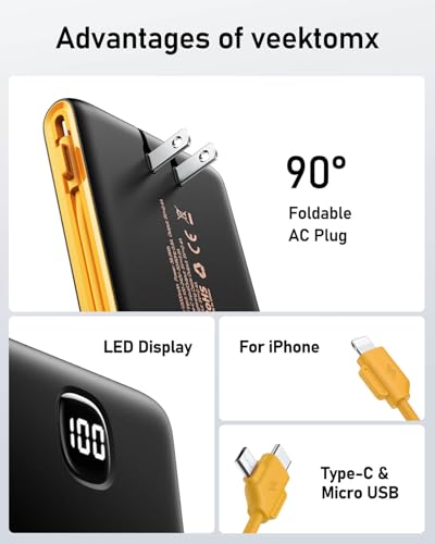 VEEKTOMX 10000mAh Portable Charger with Built-in Cables & Wall Plug - color: Dark Gray-Yellow