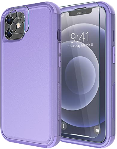 Diverbox for iPhone 12 case [Shockproof] [Dropproof] [Tempered Glass Screen Protector + Camera Lens Protector],Heavy Duty Protection Phone Case Cover for Apple iPhone 12 (Purple) - color: Purple-3in1