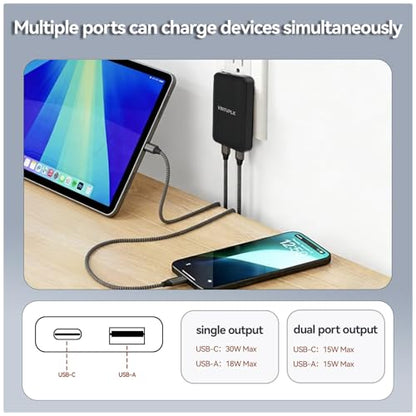 30W Flat USB C Charger, Dual-Port GaN Wall Adapter, Foldable Plug for iPhone 16/15, Galaxy S25/S24, Black - color: 1PCS
