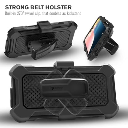 VENA vArmor for iPhone 16 Pro Rugged Case, Black | Military-Grade Drop Protection, Heavy Duty, Belt Clip Holster, Kickstand, Magsafe Compatible - color: Black/Graphite Gray