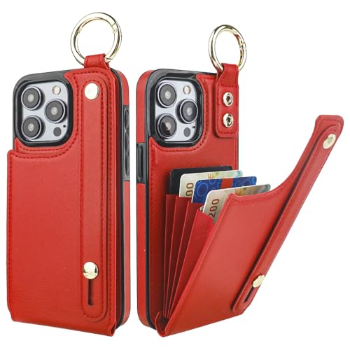 Folosu for iPhone 15 Pro Max Wallet Case with Card Holder, Hand Wrist Strap Loop Holder Kickstand, RFID Blocking Finger Grip Ring PU Leather Double Buttons Shockproof Cover 6.7" Red - color: Red