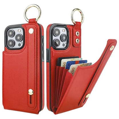 Folosu for iPhone 15 Pro Max Wallet Case with Card Holder, Hand Wrist Strap Loop Holder Kickstand, RFID Blocking Finger Grip Ring PU Leather Double Buttons Shockproof Cover 6.7" Red - color: Red