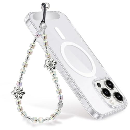 Food-Grade Silicone Phone Wrist Strap with Tether Tab/Clip, Sparkling Bead Phone Lanyard/Phone Charm - color: Iridescent
