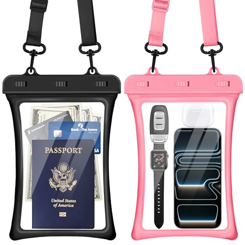 CACOE Floatable Waterproof Phone Pouch 2 Pack Up to 10.0", Black+Pink | Floatable, IPX8 Waterproof Phone Case,Adjustable Lanyard,Dry Bags for Beach/Cruise/Travel/Camping/Kayak/Vacation Essentials - color: Black+Pink, size: Up to 10.0"-Floatable