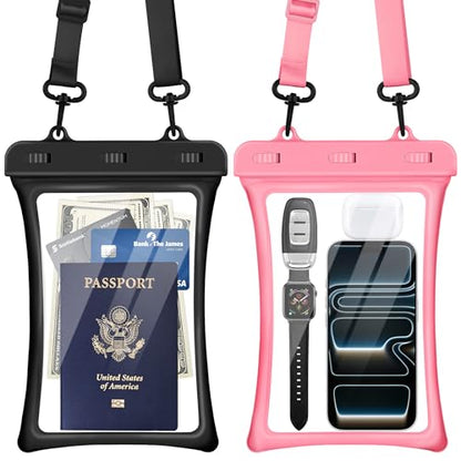 CACOE Floatable Waterproof Phone Pouch 2 Pack Up to 10.0", Black+Pink | Floatable, IPX8 Waterproof Phone Case,Adjustable Lanyard,Dry Bags for Beach/Cruise/Travel/Camping/Kayak/Vacation Essentials - color: Black+Pink, size: Up to 10.0"-Floatable
