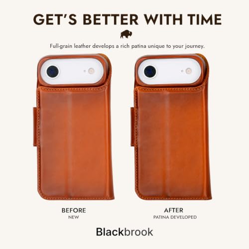 BLACKBROOK Detachable Leather Wallet Case Compatible with iPhone Air | Full-grain detachable folio with RFID blocking, 3 card slots, ID window, built-in kickstand, wireless charging, handcrafted. - color: Burnished Tan, size: iPhone 17 Air