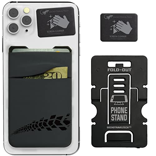 Gecko Travel Tech Double Pocket - Adhesive Card Holder - Cell Phone Pouch - Stick on Spandex Pocket - Carry Credit Cards and Cash (Gray - TIRE) - color: GRAY - TIRE