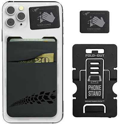 Gecko Travel Tech Double Pocket - Adhesive Card Holder - Cell Phone Pouch - Stick on Spandex Pocket - Carry Credit Cards and Cash (Gray - TIRE) - color: GRAY - TIRE